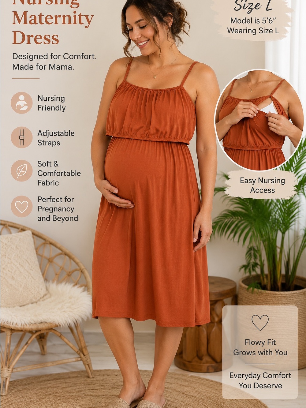 Ekouaer Maternity & Nursing Dress Burnt Orange Terracotta Cami Sleeveless Size L